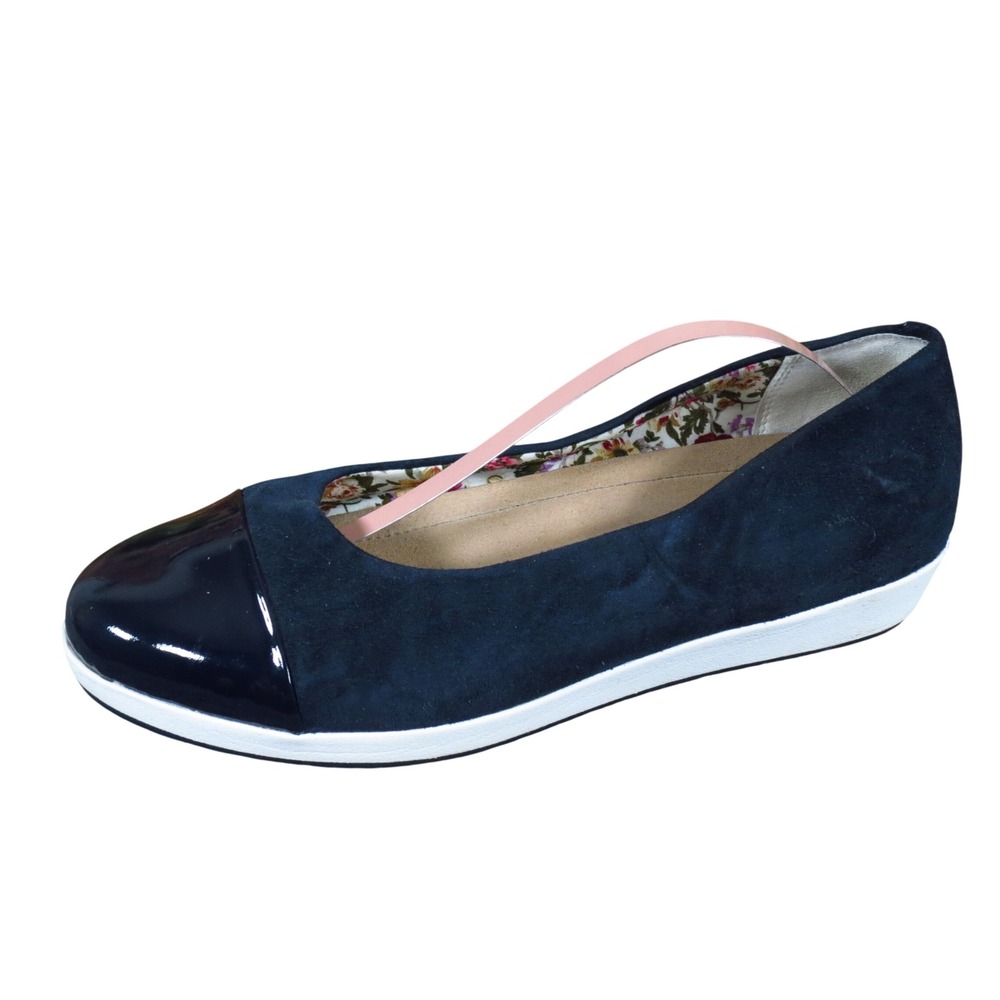 Hotter Angel Womens Ballet Flat Size 8 Comfort Walking Navy Blue Suede Patent